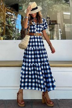 All Dresses Summer Gingham, High Waist Maxi Dress, Loose Clothing, Marine Uniform, Plaid Sleeve, Party Kleidung, Elegant Pattern, Loose Fitting Dresses, Maxi Shirt Dress