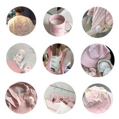 a collage of pink and white pictures with different things in it's center