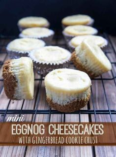 mini eggnog cheesecakes with gingerbread cookie crust on a cooling rack