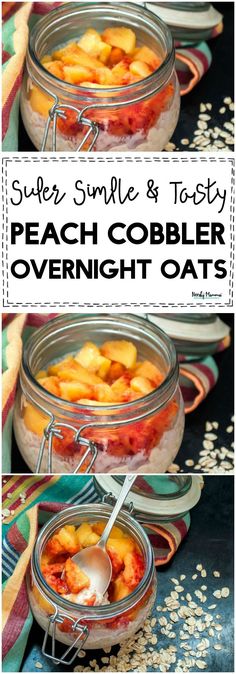 two jars filled with peach cobbler overnight oats on top of a blue table cloth