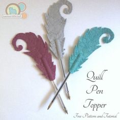 three different colored feathers on top of each other with the words quill pen topper