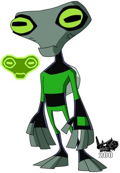 an alien with green eyes standing next to a black cat