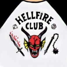 the hellfire club logo is shown on a white baseball shirt with red and yellow horns