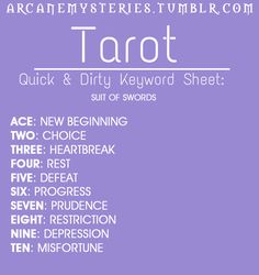 a purple poster with the words tarot and other words in white font on it