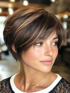 Short Hair Inverted Bob, Haircuts Bob Short, Bob Haircut Styles Ideas, Bangs With A Bob Haircut, Long Wedge Hairstyles, Pixie Bob Haircut Layered Round Face, Styles For Pixie Haircut, Short Hair In Back Long In Front Women, Back Of A Pixie Haircut