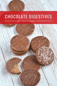 chocolate digest cookies on a white wooden table with text overlay that reads chocolate digests