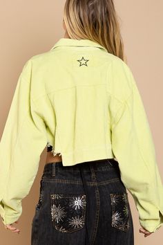 This cropped denim jacket from POL is a STAR! She features a small stars on the back of this adorable lightweight corduroy cropped jacket in a fun neon yellow color. Pair her with your favorite summer dress or jean shorts for a fun easy style. 100% cotton | wash cold | hang dry or tumble low Small Stars, Yoga Gear, Easy Style, Cropped Denim Jacket, Free People Movement, Corduroy Jacket, Cropped Jacket, Tunic Sweater, Cropped Denim