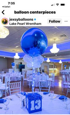 the balloon centerpieces are blue and white