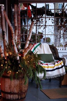 a potted plant sitting on top of a wooden barrel filled with christmas decorations and lights