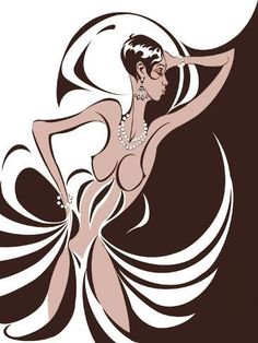 a woman in an elegant dress dancing with her hands behind her back, black and white illustration