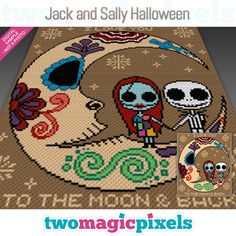 the cross stitch pattern for jack and sally's halloween moon is featured on this page