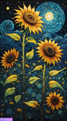 a painting of sunflowers with the night sky in the background