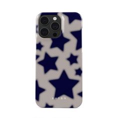 an iphone case with blue and white stars on the back, in front of a white background