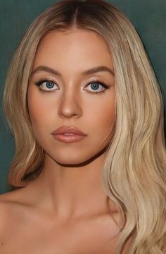 Soft Glam Makeup For Blondes, Soft Glam Blonde Hair, Soft Glam Makeup Blonde Hair, Angelic Wedding Makeup, Sydney Sweeney Makeup Looks, Sydney Sweeney Blonde, Sydney Sweeney Eye Makeup, Sidney Sweeney Makeup, Bridesmaid Makeup Soft Glam