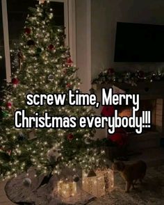 a christmas tree with presents under it and the words screw time merry christmas everybody