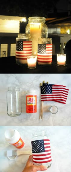 the american flag is lit up in mason jars with matchesticks to match each other