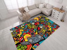 a living room area rug with various colorful designs on it