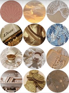 the collage shows many different types of items in gold and blue colors, including brooches