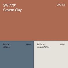 the color swatches are showing different shades of brown, blue, and white with text that reads sw7701 cavern clay