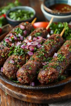 Grilled kebabs garnished with chopped onions and parsley on a rustic platter. Baked Kibbeh Recipe Lebanese, Lebanese Christmas Dinner, Lebanese Kibbeh Recipe, Baked Kibbeh Recipe, Kibbeh Recipe Lebanese, Lebanese Recipes Authentic, Easy Lebanese Recipes, Baked Kibbeh, Middle Eastern Recipes Arabic Food