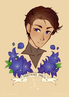 a drawing of a man with blue flowers around his neck and the words maths mais on it