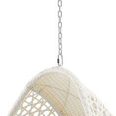 a white rattan hanging light fixture with chain