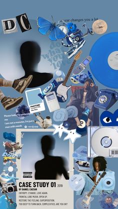 a collage of blue and white items with the shadow of a person on it