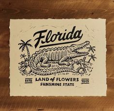 a piece of paper with the words florida on it and an image of a crocodile