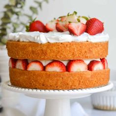 a close up of a cake with strawberries on top