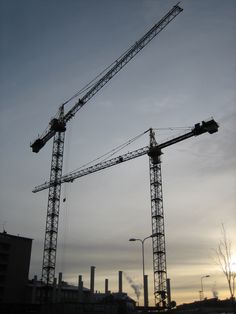 two cranes are silhouetted against the evening sky