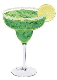 a green drink with a slice of lemon on the rim