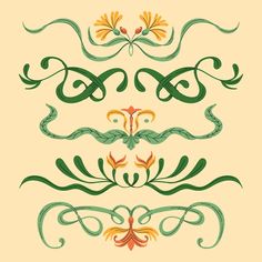 an ornate set of calligraphy with swirls and leaves on the sides, in green