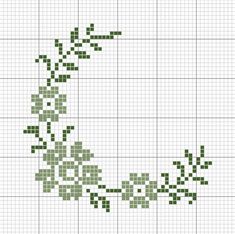 a cross stitch pattern with green leaves on the top and bottom, as well as an outline