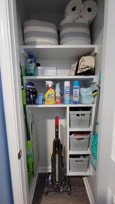 the closet is full of cleaning supplies and other items to be used for cleaning or disinfection