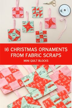 A collection of 16 quilt block Christmas ornaments made from fabric scraps, displayed on a tree. These 3-inch DIY ornaments are colorful and festive, showcasing miniature quilt designs perfect for holiday decor. Fabric Scrap Ornaments Diy, Easy Quilted Christmas Ornaments, Fabric Scrap Ornaments, Using Fabric Scraps, Unique Holiday Decor