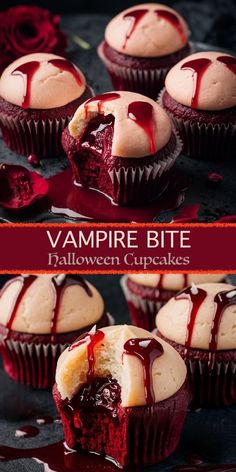 some cupcakes that have been decorated with white frosting and drizzled with blood