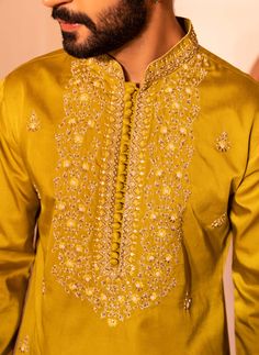 Presenting faqat kurta with detailed hand embroidery enhancing with bead, sequence and thread work with inside lining . Stylish Wedding Guest Outfit, Bloom Embroidery, Man Dress Design, Kurta And Pants, Indian Wedding Clothes For Men, Silk Kurta Set, Kurta Pajama Men, Yellow Kurta, Kurta Men