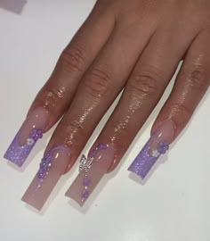 Square And Stilleto Nails, Purple French Tips With Butterflies, Birthday Nail Set Ideas Coffin, Rapunzel Themed Acrylic Nails, Lavender Nails Medium Length, Quince Makeup For Purple Dress, Mail Inspo With Gems, Sweet 16 Nails Acrylic Purple, Purple Xv Nails