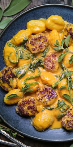 Pumpkin Gnocchi with Spinach and Sausage on a blue plate. Gnocchi With Spinach, Sausage Gnocchi, Pumpkin Sausage, Pumpkin Gnocchi, Potato Gnocchi, Fall Comfort Food, Fall Cooking, Fall Dinner, One Pan