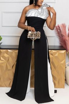 Plus Size Cocktail Party White Colorblock Oblique Collar Tiered Split Jumpsuits [Pre-Order] Semi Formal Outfits For Women Wedding Guest, Black Jumpsuit Outfit Wedding, Formal Jumpsuit Prom, Black Jumpsuit Wedding, Jumpsuit Outfit Wedding, Jumpsuit Prom, Plus Size Wedding Guest Outfit, Black Jumpsuit Outfit, Casual Cocktail Party