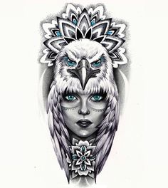 an owl with blue eyes and feathers on its head is shown in this tattoo design