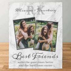 Besties photo collage blanket featuring a elegant faux marble background, you and your friends initials, 2 tof your favorite photos for you to replace with your own, and a cute friendship quote that reads 'best friends make the good times better and the hard times easier'. A unique picture blanket to gift your bff on their birthday or just to show how much you love them, a wonderful keepsake blanket that they will treasure forever! Keepsake Blanket, Cute Friendship Quotes, Cute Friendship, Friendship Quote, Picture Blanket, Friends Photo, Marble Background