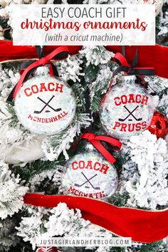 christmas ornaments with the words coach and hockey on them in front of a white tree