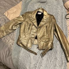 Amazing Leather Jacket But Now For Me It’s Too Small Because I Am Pregnant. I’m So Happy Nice Offers. Thank You. Luxury Metallic Party Outerwear, Luxury Metallic Outerwear For Fall, Luxury Silver Outerwear For Parties, Luxury Metallic Outerwear, Luxury Fitted Silver Outerwear, I Am Pregnant, Red Jacket Leather, Bow Coat, Valentino Jacket