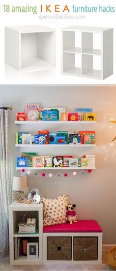 there are bookshelves and shelves in the room with children's toys on them