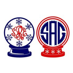 two snow globes with the letters monogrammed in red, white and blue