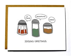 three season's greetings card with two salt and pepper shakers saying congratulations