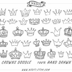 crowns doodle hand drawn in black and white with the words, crown doodles