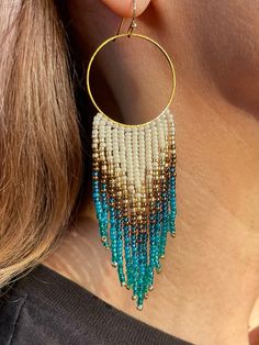 Handmade blue, gold, and cream beaded fringe on gold filled hoop earrings Fringe Hoop Earrings, Opal Stacking Ring, Fringe Earring, Beaded Earrings Native, Gold Filled Hoops, Beaded Fringe, Earring Patterns, Stunning Jewellery, Fringe Earrings