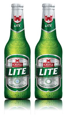 two bottles of castle lite beer are shown in this image, one is green and the other is white